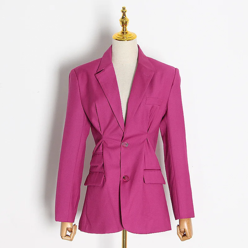 Tesco New French Women Suit Blazer Fuchsia Full Sleeve V-Neck Fashion Suit Jacket Slim Suit Coat Women Autumn 2025 Outerwear