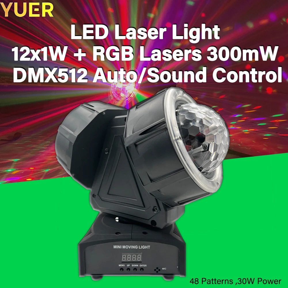 

LED Laser Light 12x1W, RGB Lasers 300mW, 30W Power, DMX512 Auto/Sound Control for Stage DJ Party, 16x16x30cm, 3.45KG Net, 4.5KG