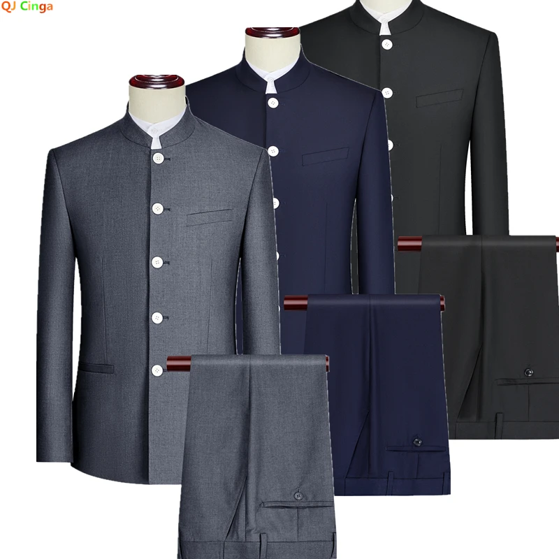 White Buttons Stand-up Collar Suit Two-piece Men\'s (Blazer Jacket + Pants) Chinese Style Men Zhongshan Suits Blue Gray Black 4XL