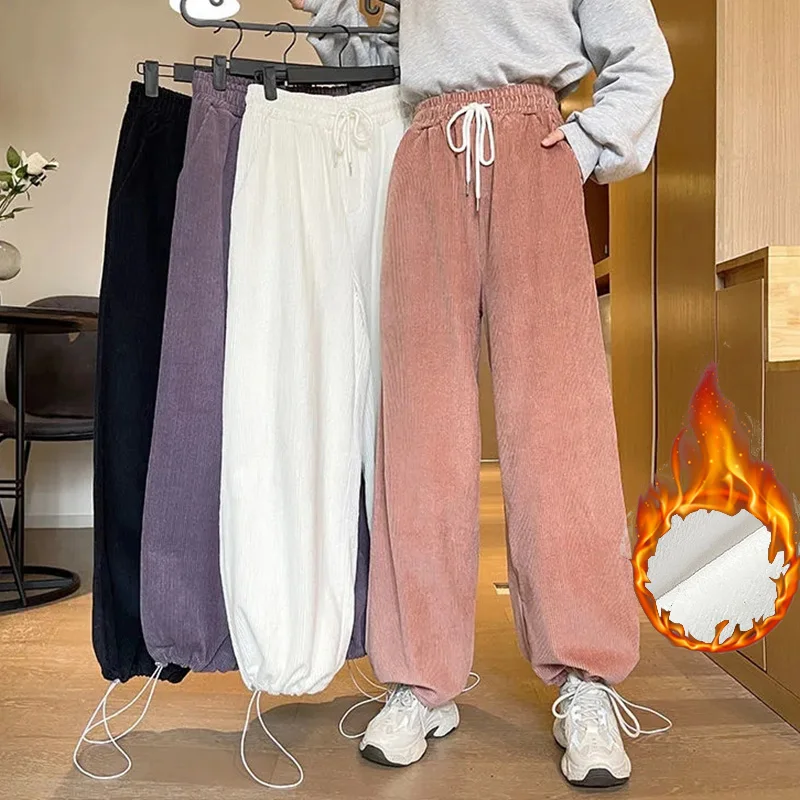 

Women Winter Ins Korean Style High Waisted Snow Warm Plush Corduroy Pants Lady Versatile Solid Wide Leg Straight Leg Trousers