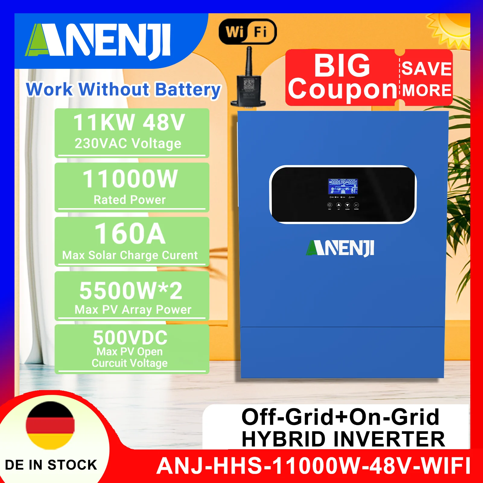 태양광 충전 전원 가정용 인버터, 하이브리드, 오프 그리드, 순수 사인파, MPPT, 160A PV, 500V, 11KW, 48V, 230V