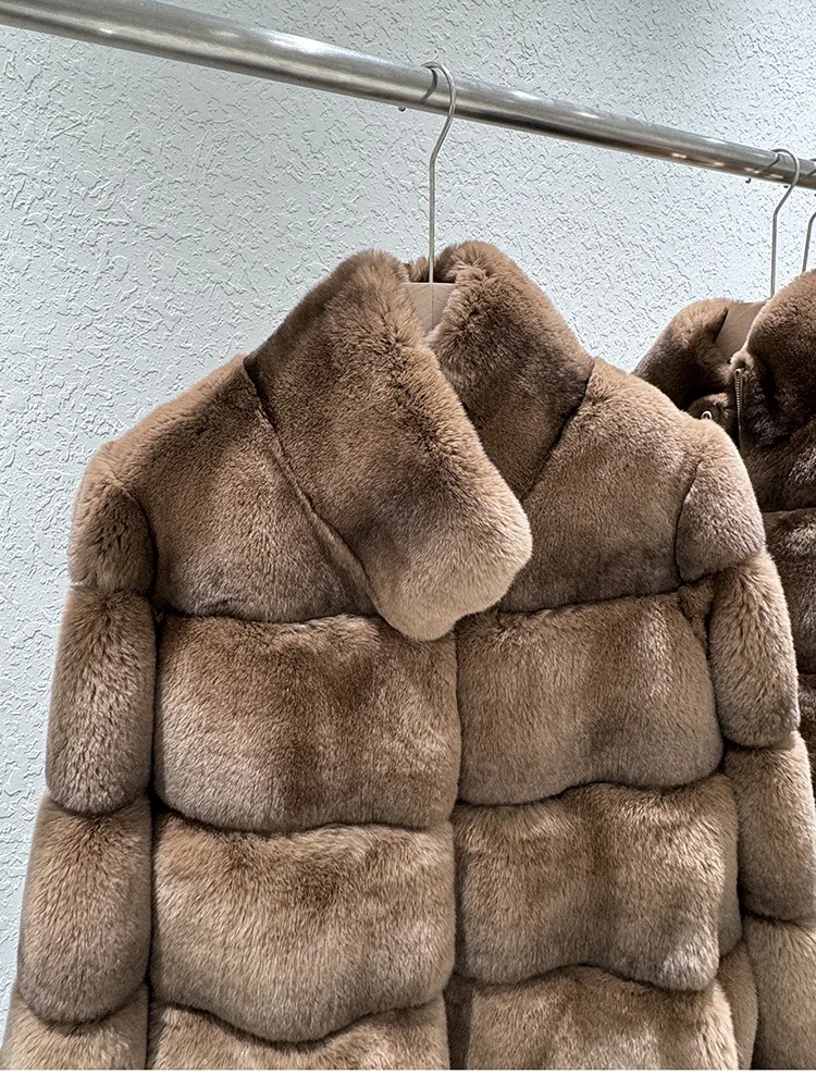 2025 ใหม่คุณภาพสูงธรรมชาติ Rex กระต่ายขนสัตว์สําหรับผู้หญิงแขนยาวหรูหราเสื้อขนสัตว์หนาเสื้อแจ็คเก็ต