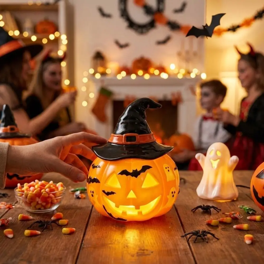 Painted Halloween Night Light USB Powered Retro Glowing Resin Pumpkin Lamp Handcrafted Gothic Witch Hat Table Lamp Holiday Decor