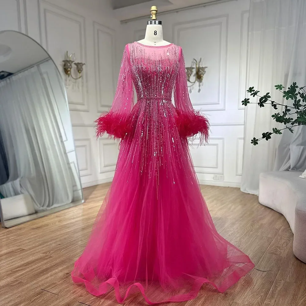 SERENE HILL Customized Muslim Fuchsia A-Line Luxury Evening Dress Gown 2025  Feather Beaded  Women Wedding Party CLA72248