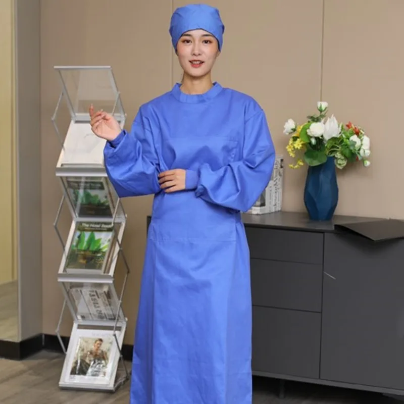 100% Cotton Surgical Scrubs, Unisex Long Sleeve Operating Gown, Half Wrap Isolation Gown for Hospital Medical Staff