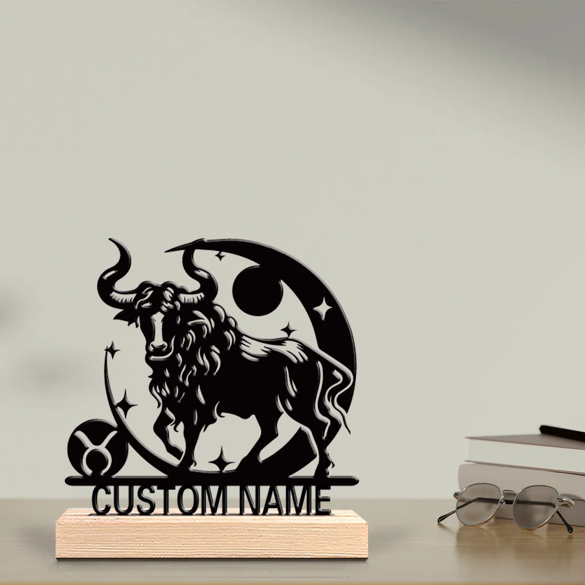 1pc Modern Taurus zodiac Custom Letter Tin Statue Metal Ornament Art Crafts With Wood Base Tin Statue For Children Gifts