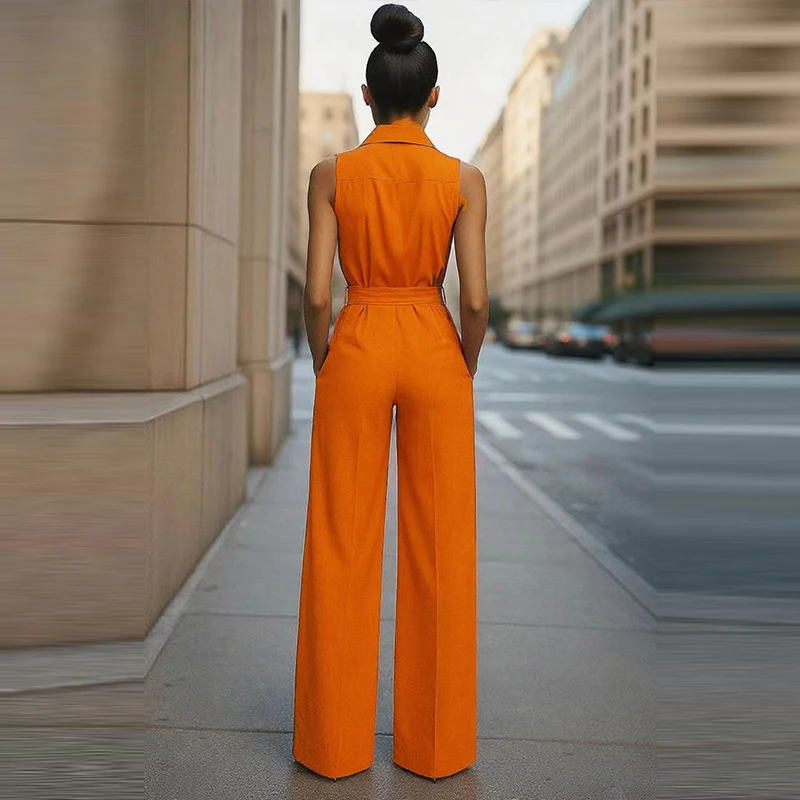 気質タイアップソリッドカラーパーティージャンプスーツエレガントノースリーブポケットストレート遊び着ファッションラペルボタンウエストロングロンパース