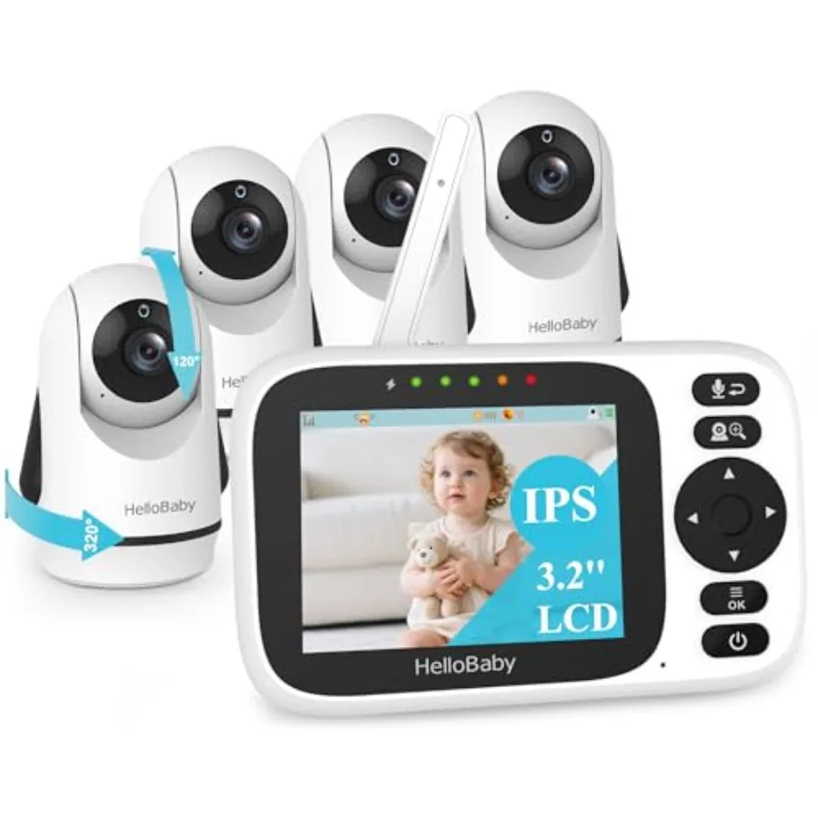 

Видеоняня HelloBaby 3.2'' с 4 камерами, видео и аудио, без Wi-Fi, с дистанционным панорамированием, наклоном и зумом, ночное видение ECO, двусторонняя связь, радиус действия 300 м