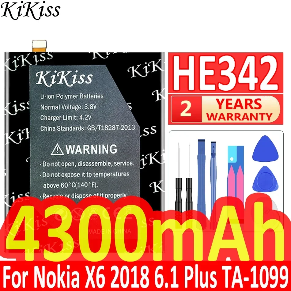 4300mAh KiKiss Powerful Battery HE 342 HE-342 HE342 For Nokia X6 2018/5.1 Plus/6.1 Plus 2018 TA-1099 X5 TA-1109 Batteries + Tool