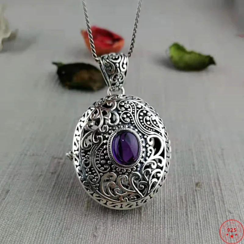 S925 Sterling Silver Pendants for Women Palace Style Hollow Eternal Rattan Gawu-Box Inlaid Garnet Amethyst Jewelry Wholesale