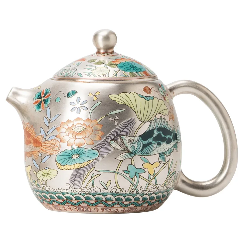 Fish and algae pattern 999 ******lver teapot to make tea, household filter single pot, Chinese high-end kung fu tea set, dragon