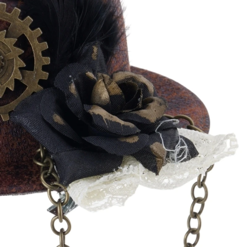 Frauen Halloween Gothic Mini Top Hut Steampunk Getriebe Kette Feder Blume Fascinator Haar Clip Viktorianischen Cosplay Kostüm – Detail 8