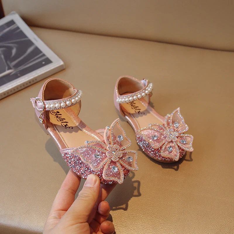 Kids Girls Princess Sandals Rhinestone Butterfly Pearls Summer Dancing Shoes Children Girls Shiny Glitters Flat Soles Shoes