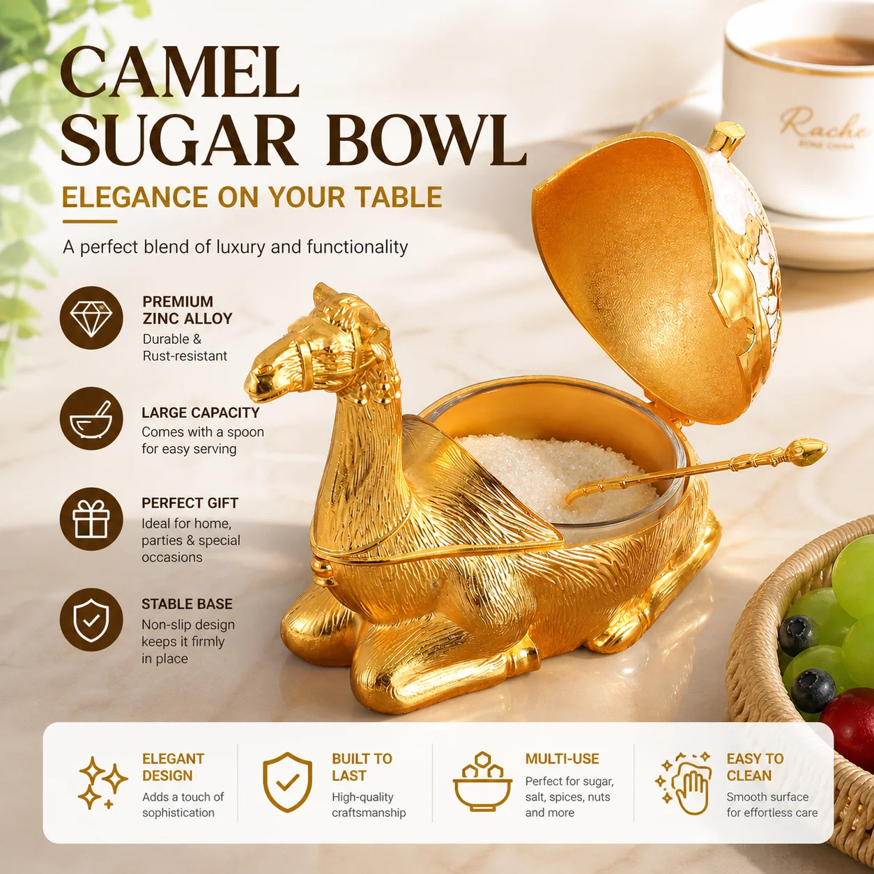 Zinc Alloy Golden Camel Sugar Bowl with Spoon & Lid Vintage Embossed Condiment Pot Spice Jar Kitchen Decor