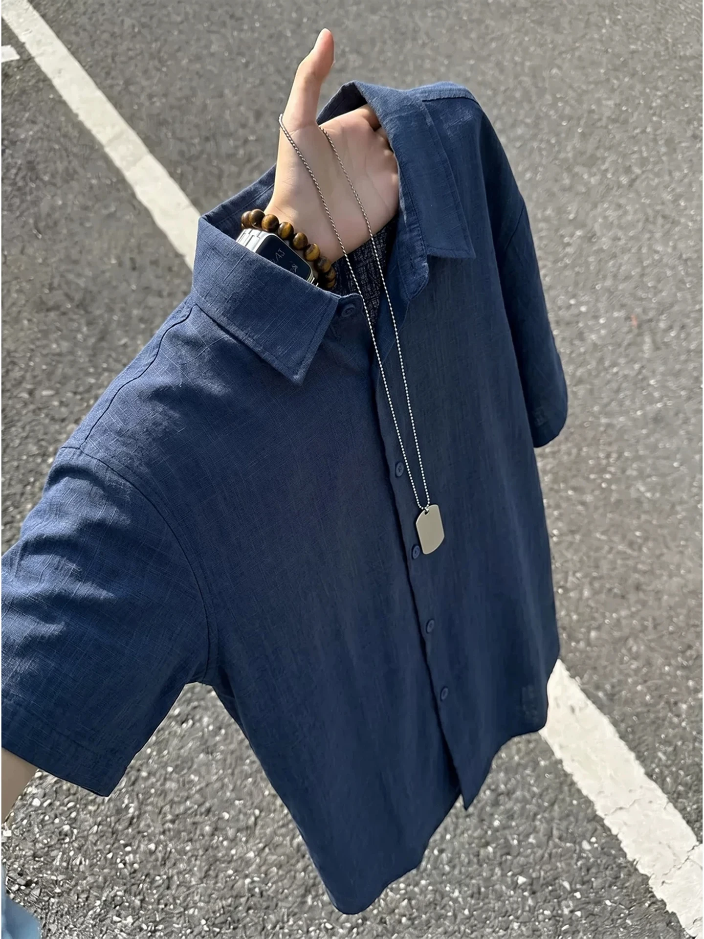 Cleanfit Ice Silk Linen Cotton Blend Men's Short Sleeve Shirt Lightweight Breathable Klein Blue Summer Casual Wear