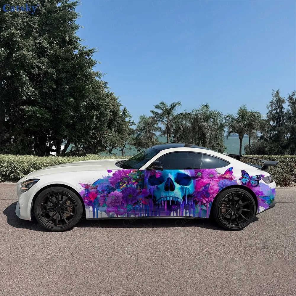 2pcs Dripping Skull With Blooms Car Side Wraps, Self-Adhesive PVC Waterproof & Scratch-Resistant Stickers, Car Accessory Gift