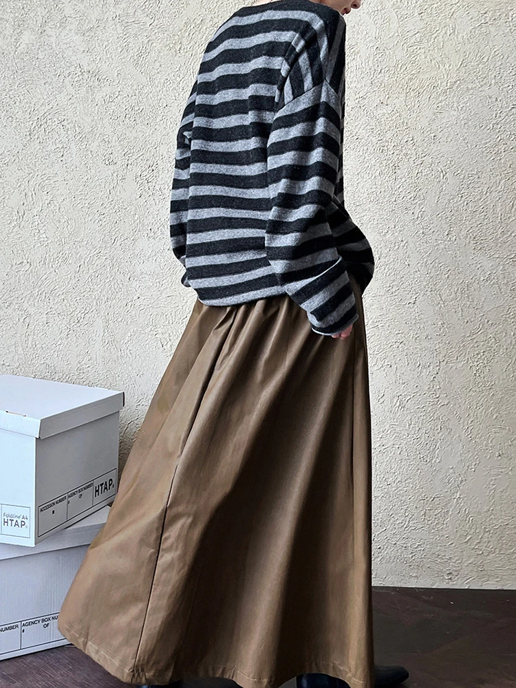 [EAM] High Elastic Waist Coffee Pu Leather Vintage Long A-line Half-body Skirt Women Fashion Tide New Spring Autumn 2024 1DH7198