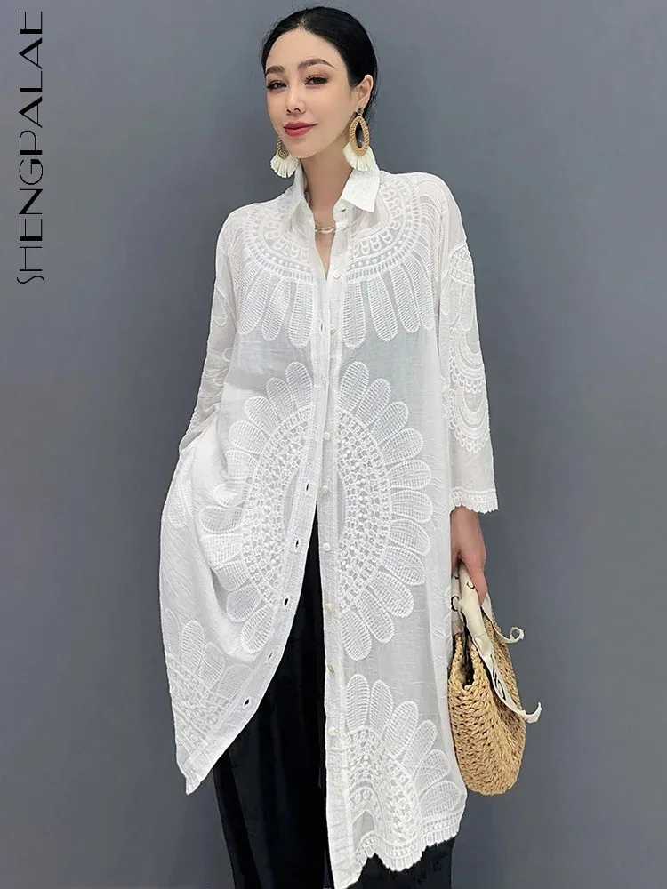 SHENGPALAE 2024 Summer New Korean Long Shirts Versatile Embroidered Solid Color Short Sleeve Collar Fashion Women Blouse 5C1328