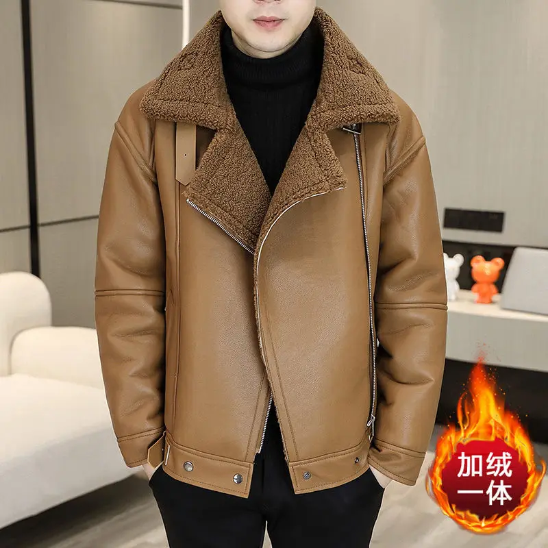 

Зимняя меховая кожаная куртка, мужская мотоциклетная куртка с лацканами, теплая повседневная уличная куртка с бархатной подкладкой, социальное пальто, мужская одежда