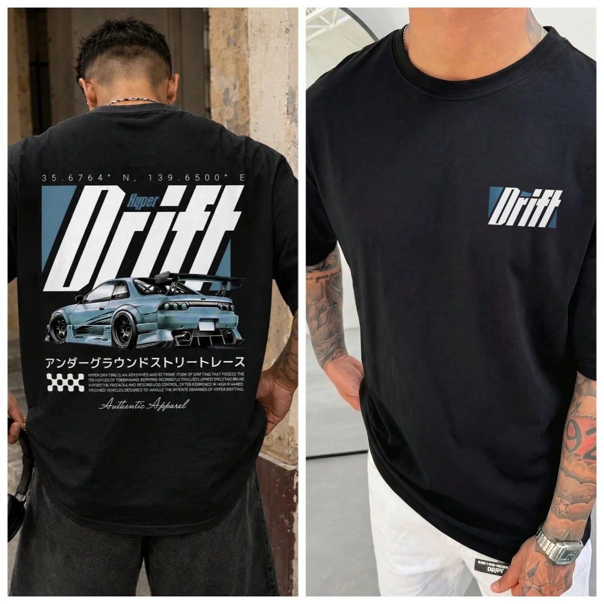 2026 New Family Matching T‑Shirt Hyper Drift JDM Modified Racing Car Japanese Text Back Print Oversized Cotton Short SleeveTops
