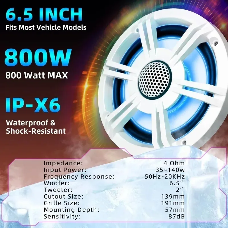 1pcs 6.5Inch 800w  Marine Speakers Hifi  Audio Coaxial Subwoofer Speakers IP-X6 Waterproof With LED Lights  Boat Stereo Speakers