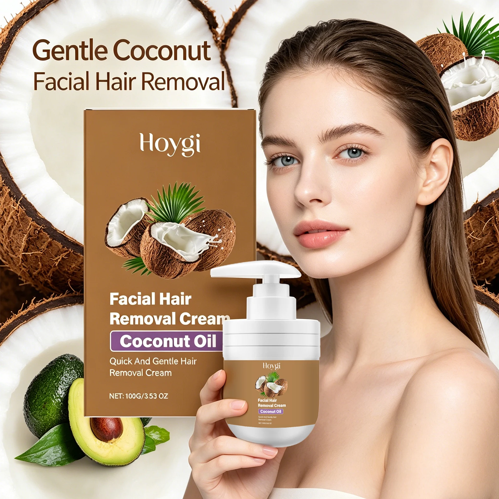 Coconut Hair Removal Cream for Women and Men Lip and Chin Hair Mild Non Irritating Painless Hair Remover Growth Inhibitor 100g