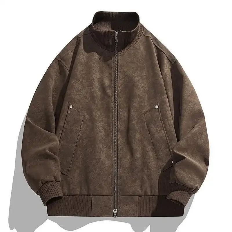 

Men Casual Zippered Stand Collar Jacket With Pockets Loose Fit Spring Autumn Wear