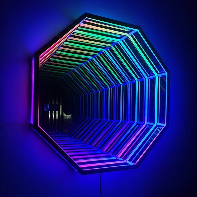 Large Octagon Modern Nordic Luxury Led Glass Mirror Home Smart Infinite Magic Mirror RGB Color Changing Wall Lamp