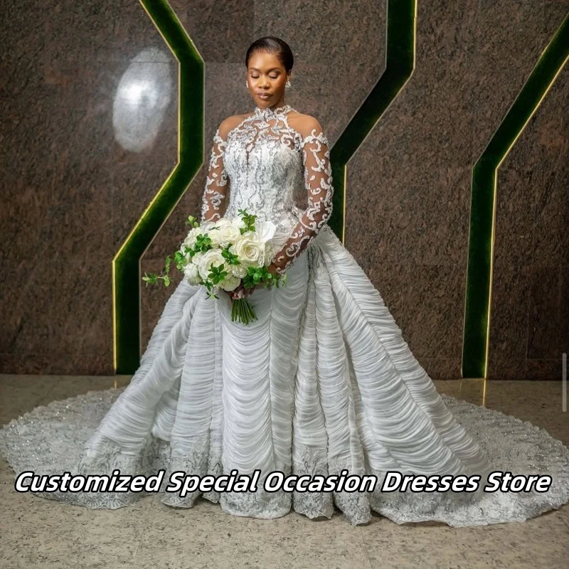 

Роскошные кружевные свадебные платья с оборками, длинные африканские платья русалки невесты со съемным хвостом, Vestido De Novia, женские по индивидуальному заказу