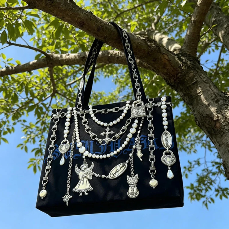 Gotische Schultertasche aus Segeltuch mit Schlossverschluss und Kettenmuster, Damen-Handtasche mit künstlerischem Design, trendige, leichte Einkaufstasche – Detail 3