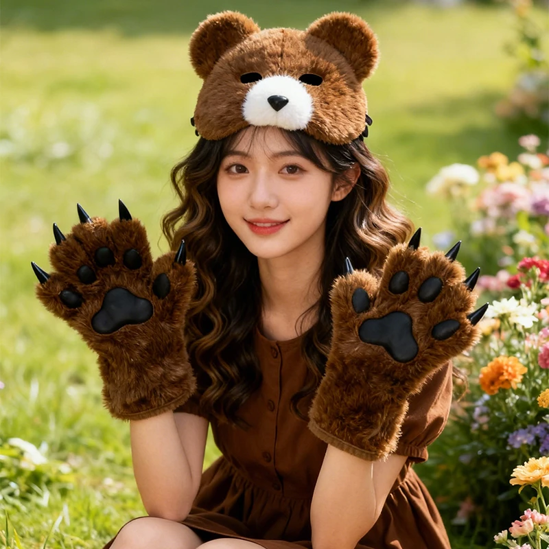 

Plush Bear Mask Gloves Suit Simulation Bear Mask Handmade Bear Claw Gloves Fancy Carnival Halloween Cosplay Comic Show Props