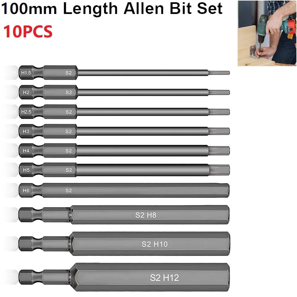 

10Pcs 100mm Long Handle S2 Steel Screwdriver Bits Metric Allen Screw Driver Bits 1/4" Hex Head Allen Wrench Drill Bit