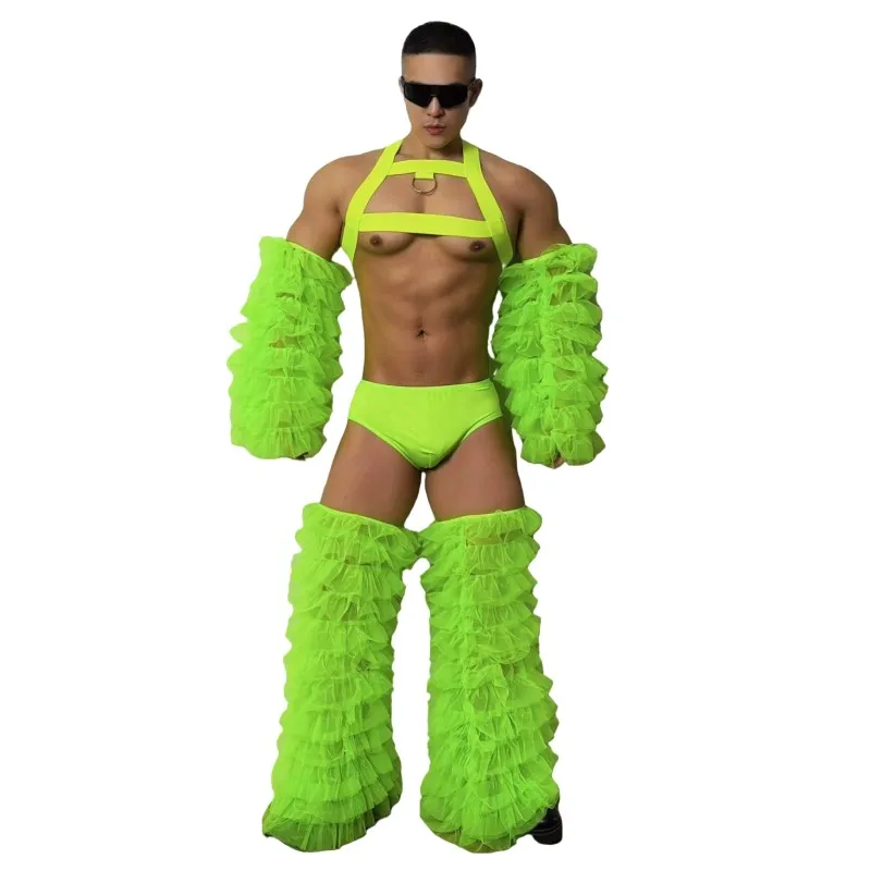 الفلورسنت الأخضر الشاش 4 قطعة مجموعة مهرجان حفلة كرنفال عرض الهذيان الزي ملهى ليلي DJ راقصة مجموعة أداء المرحلة زي