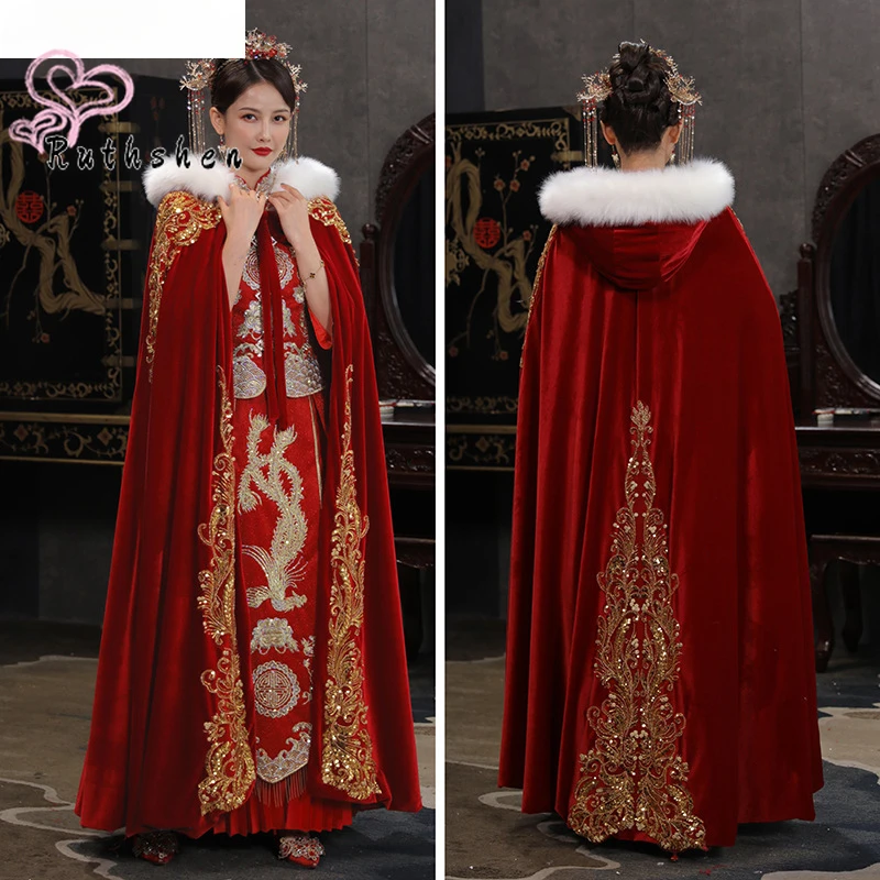 

Capa Novia Faux Fur Edge Wedding Cloak Hooded Wine Red Long Wrap Gold Appliques Velour Women Accessories Cape Mariage Femme