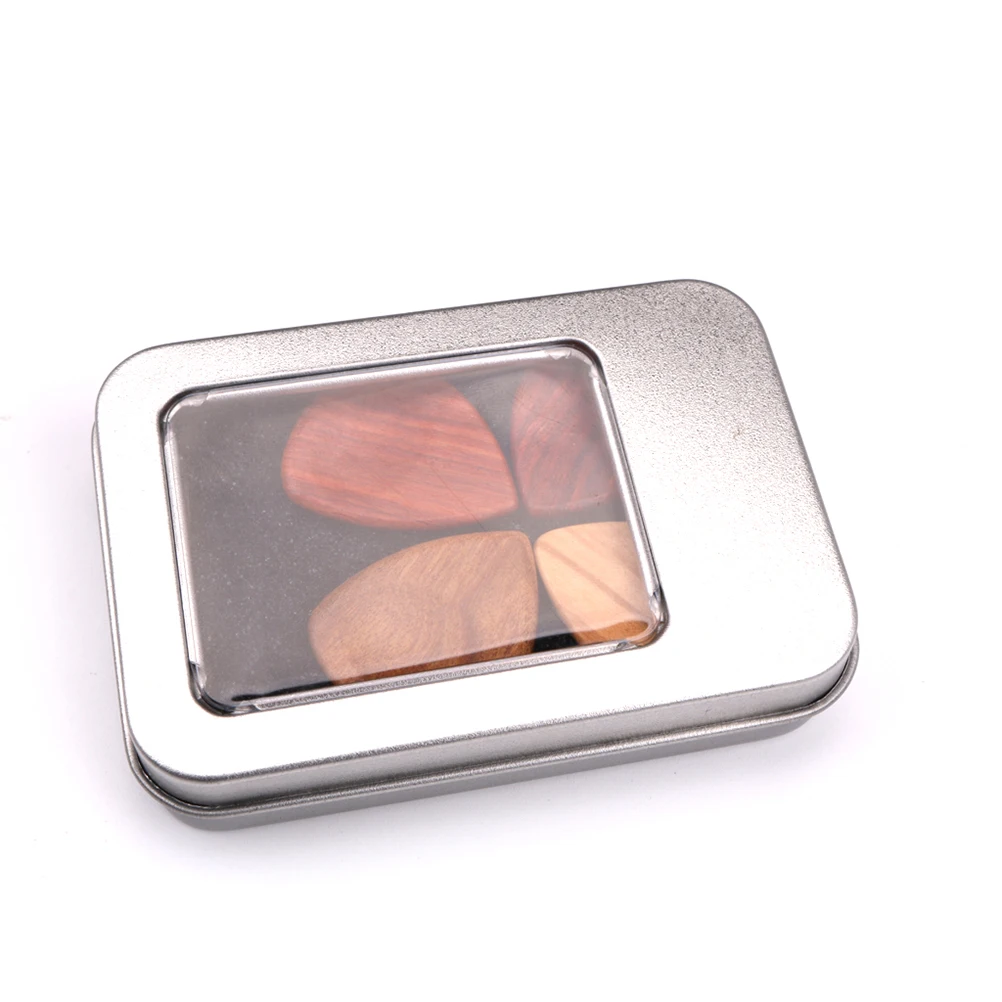 

1 Set/5 Pcs Iron Case and Wooden Guitar Pick Guitar Pickup Accessories Box Guitar Pick Collection Holder Storage Box (Box and 4