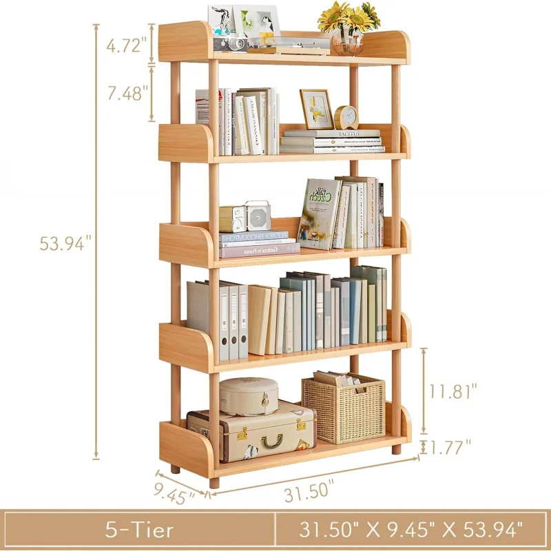 5-Tier Wooden Open Bookcase - Modern Display Bookshelf with Top and Solid Wood Frame Home and Office, Storage Cabin