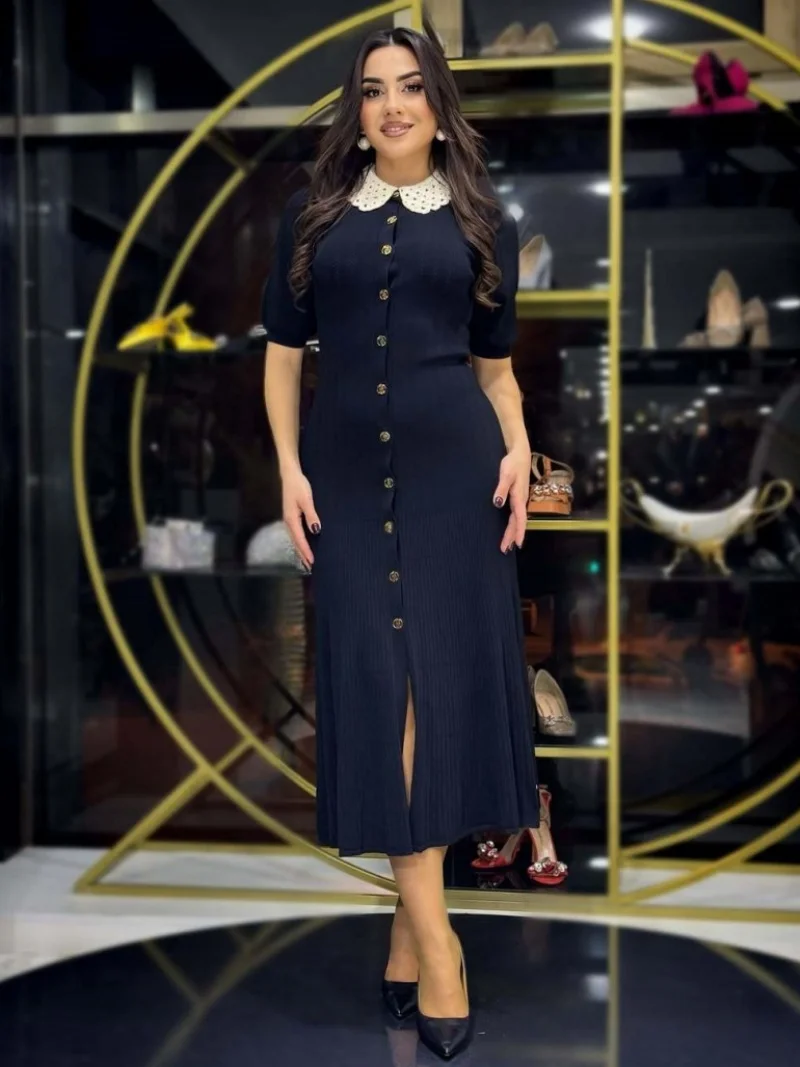 Elegante Gestrickte Kleid Sommer Kleidung Frauen Revers Hals Kurzarm Dünne Lange Kleider Weibliche Casual Stricken A-Line Kleid Vestido