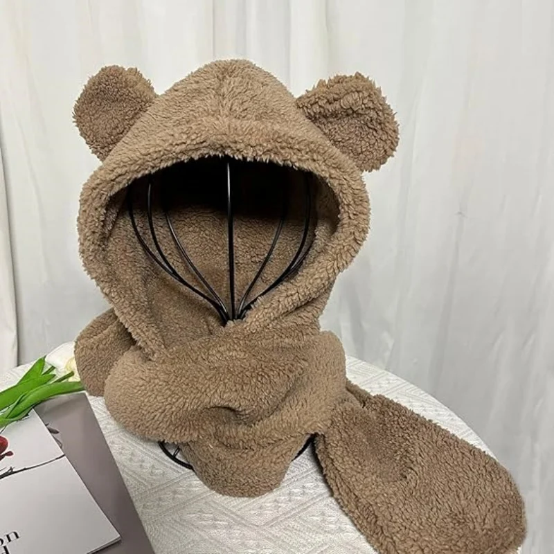 SIMPLEJEWEL™ Women Cute Bear Hoodie Hat Scarf Gloves Set 3-in-1 Earflap Fleece Hat Plush Warm Winter Hat image 5