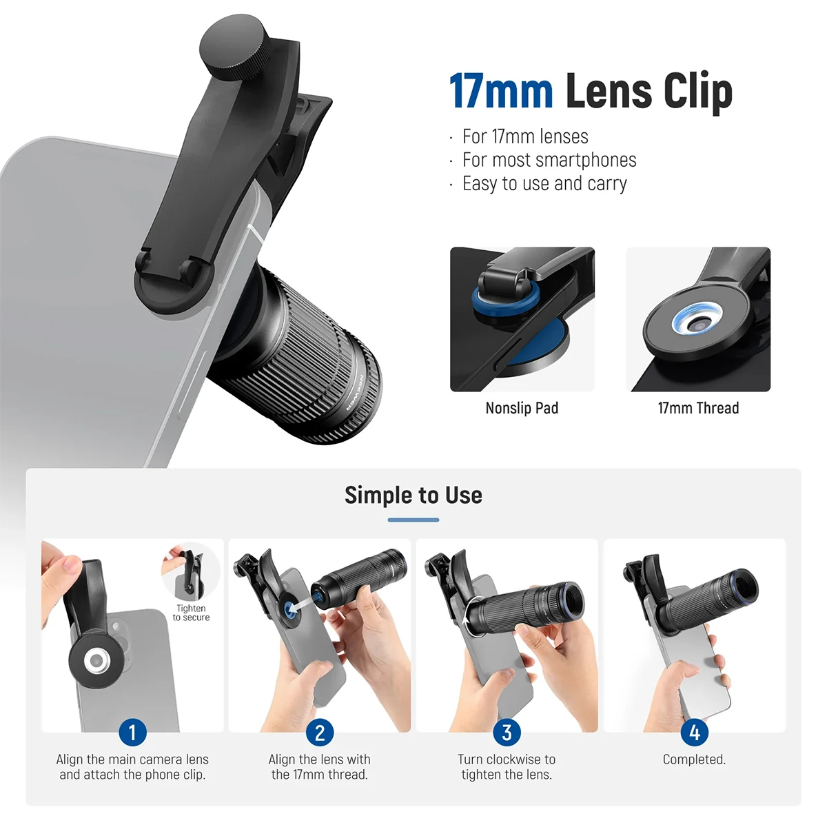 NEEWER LS-36 PRO Teleobiettivo HD per fotocamera del telefono Attacco per obiettivo con ingrandimento 7X con filettatura da 17 mm, 15 elementi 12 gruppi