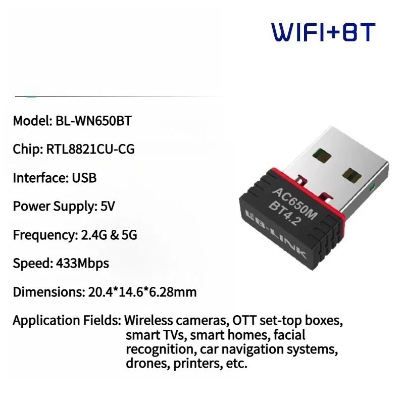 BL-WN650BT Dual Band 5G/2.4G WiFi Adapter with Bluetooth 4.2, USB Wireless Network Card for Desktop Laptop PC, RTL8821CU Chip
