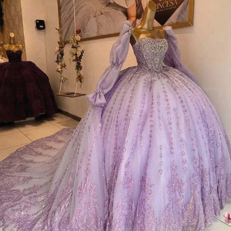 

Luxury Lilac Shiny Princess Ball Gown Quinceanera Dresses Appliques Lace Beads Tull Rhinestones Vestidos De 15 Años