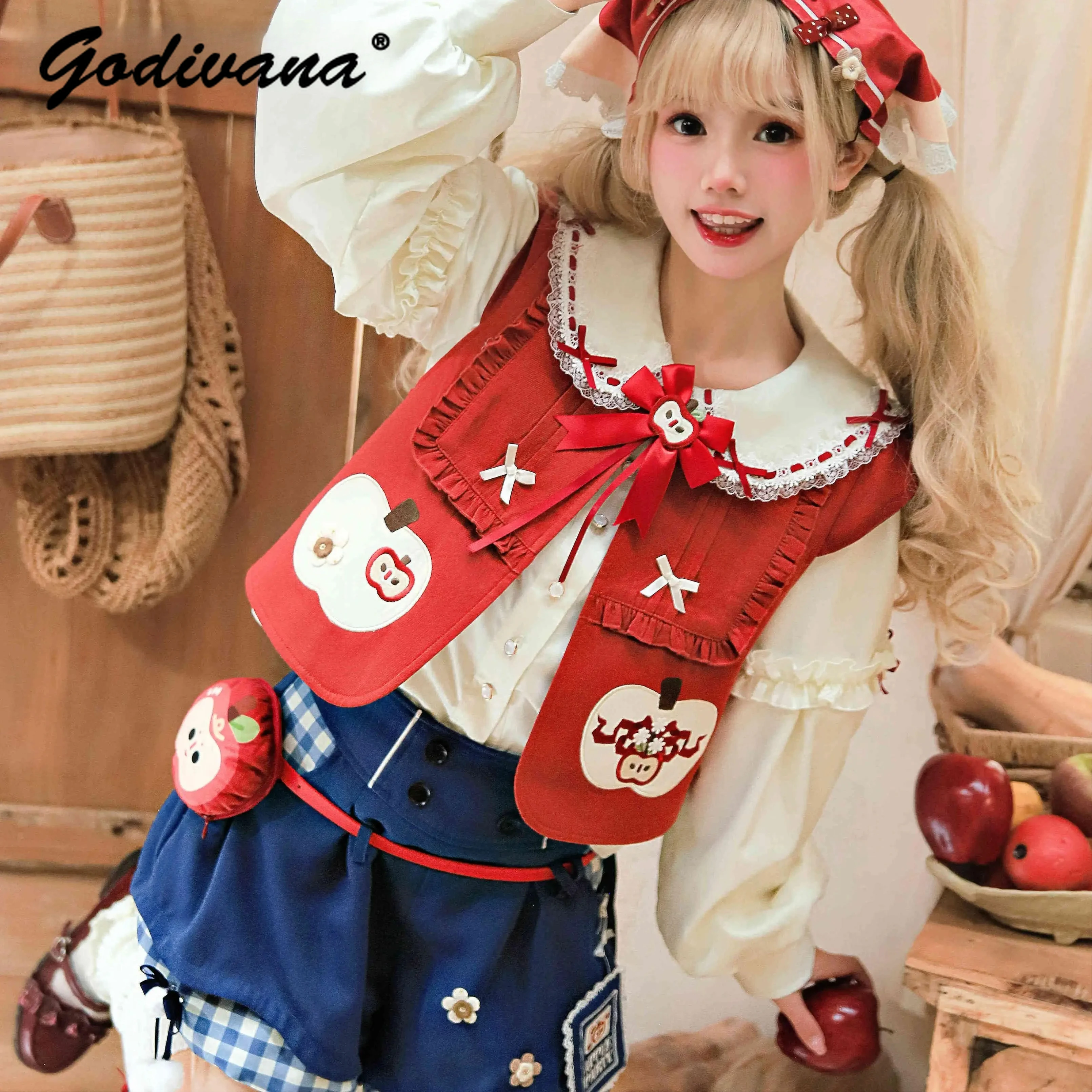 

Original Lolita Cute Apple Outfits New Spring Girl Women's Doll Collar Sweet Long Sleeve Shirt Vest Fluffy Shorts 3 Piece Set