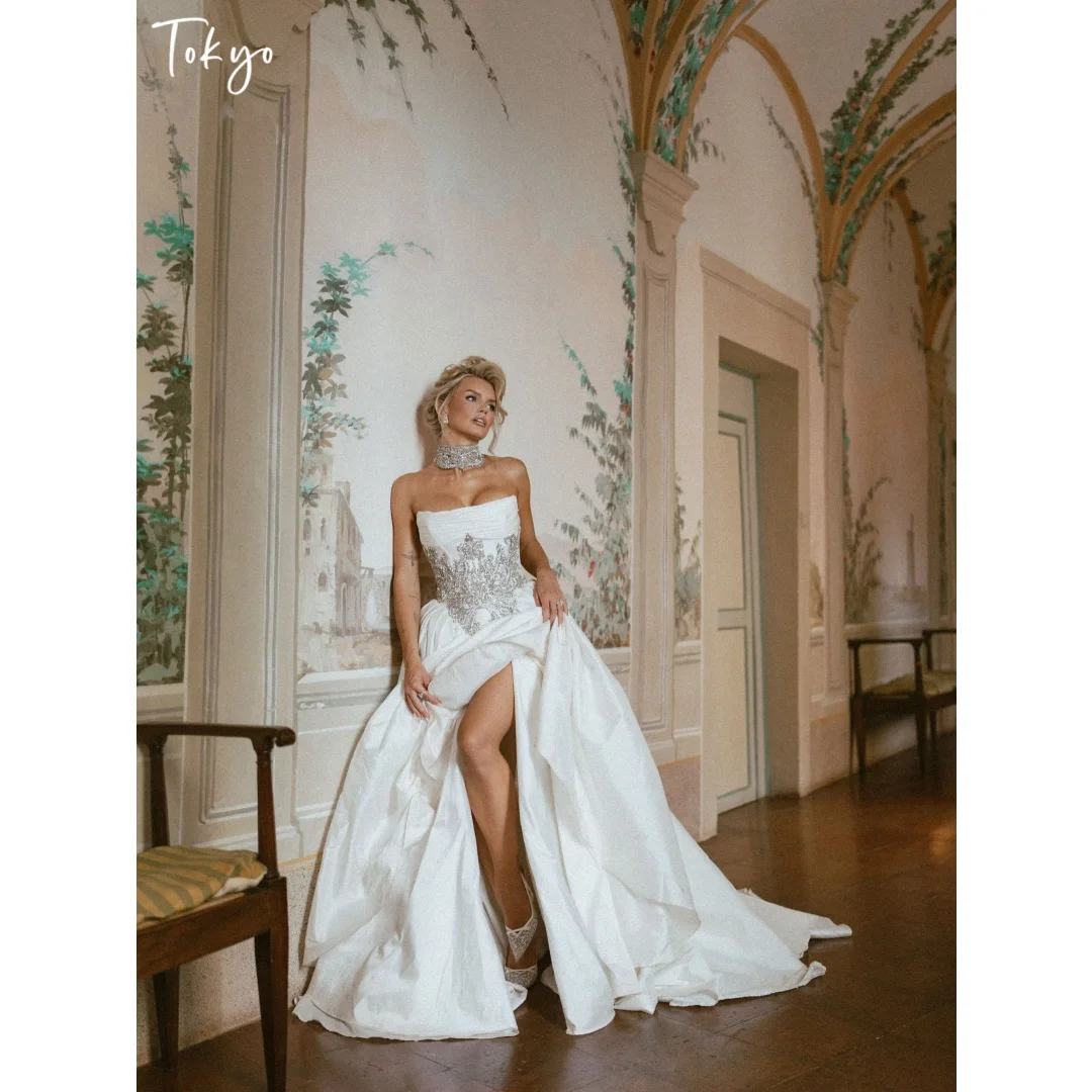 Tokyo Customized Court Train Ball Gown Prom Dress High Side Split vestidos de noche Crystal Rhinestone Draped Evening Dresses
