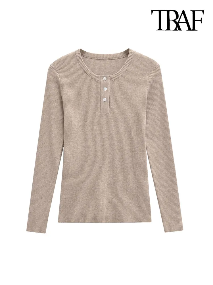 TRAF-Ribbed Knit Sweater with Buttons for Women, O Neck, Long Sleeve, Female Pullovers, Chic Tops, Fashion