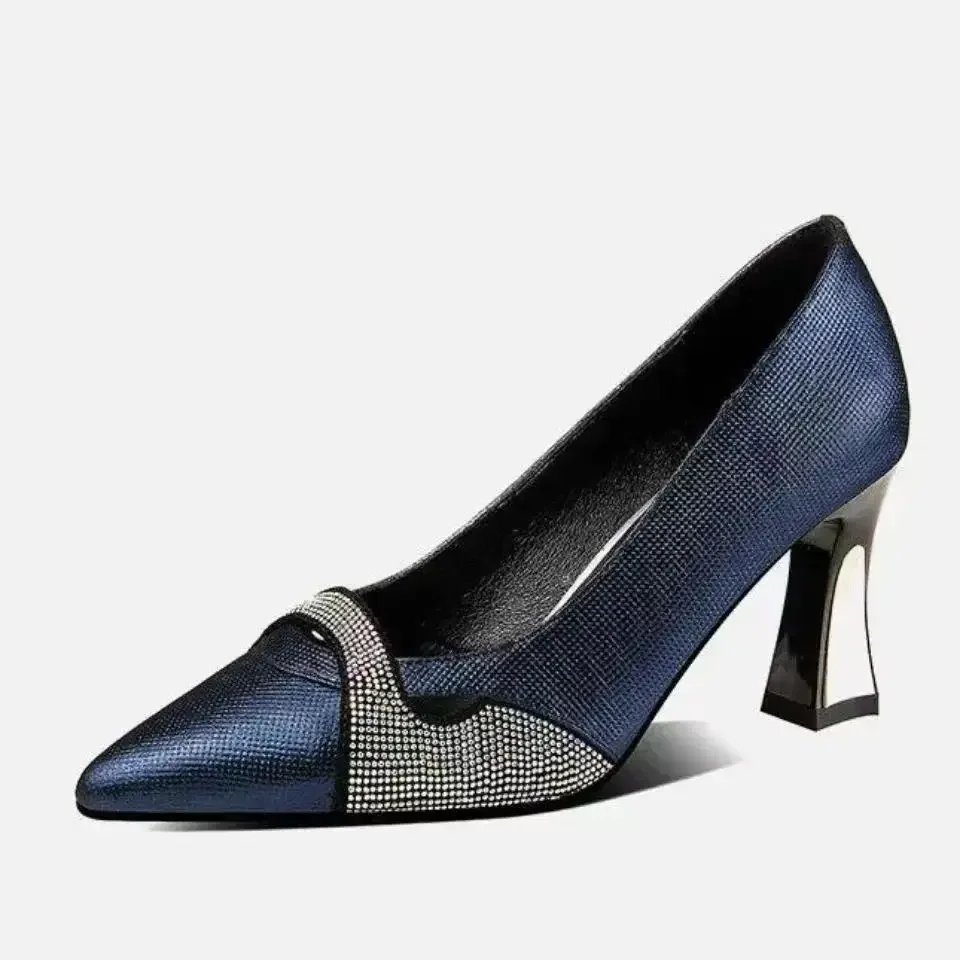 luxury Lady Autumn Summer Comfort Pumps Pointed Heels Women Classic Navy Blue Crystal High Heel Shoes Mulheres De Salto Alto