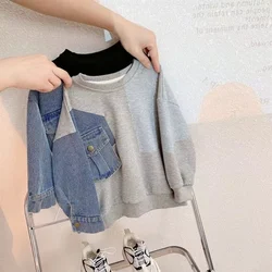 Boys Denim Sweatshirt Kids Stitching Sleeved Loose Sweater 2024 Spring Autumn Children's Street Style Casual Hoodies Clothes