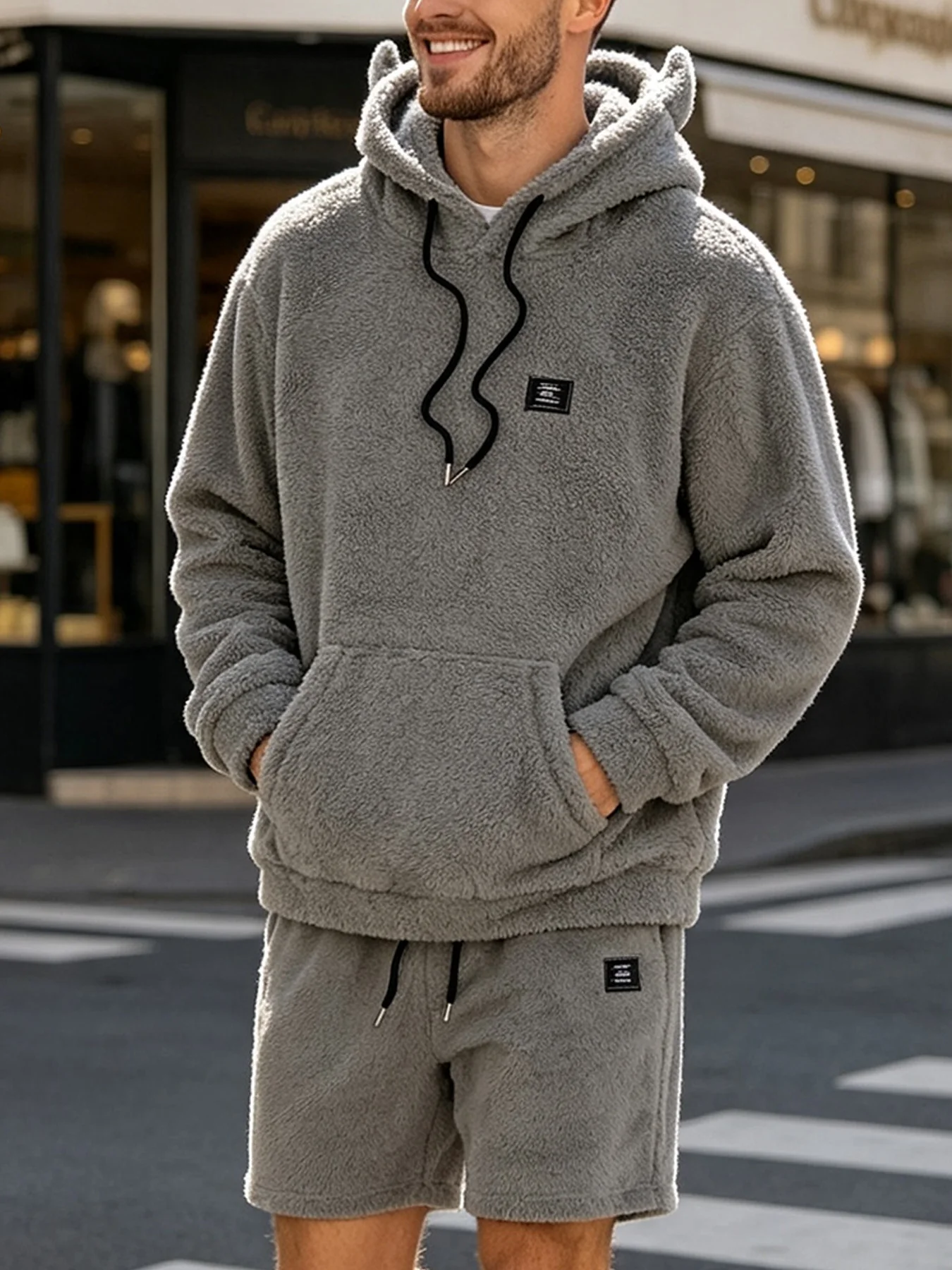Conjunto de dos piezas de pantalones cortos y top de felpa con capucha y cuernos de diablo en gris para hombre, conjunto informal de forro polar coral grueso y cálido, adecuado para uso diario en el hogar, en interiores y exteriores