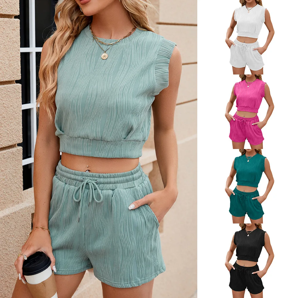 

2025 Summer Women's Sports Suit Lady Round Neck Sleeveless Vest Solid Color Shorts Lace Up Pocket Shorts Two Piece Set For Women