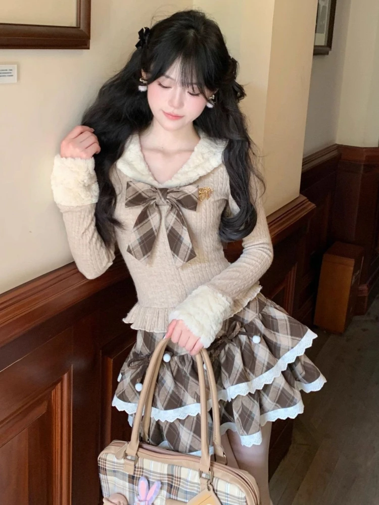 French Elegant Preppy Style 2 Piece Set Women Sweet Bow Knitted Tops + Plaid Mini Skirt Japanese Kawaii Y2k Lolita Lovely Outfit