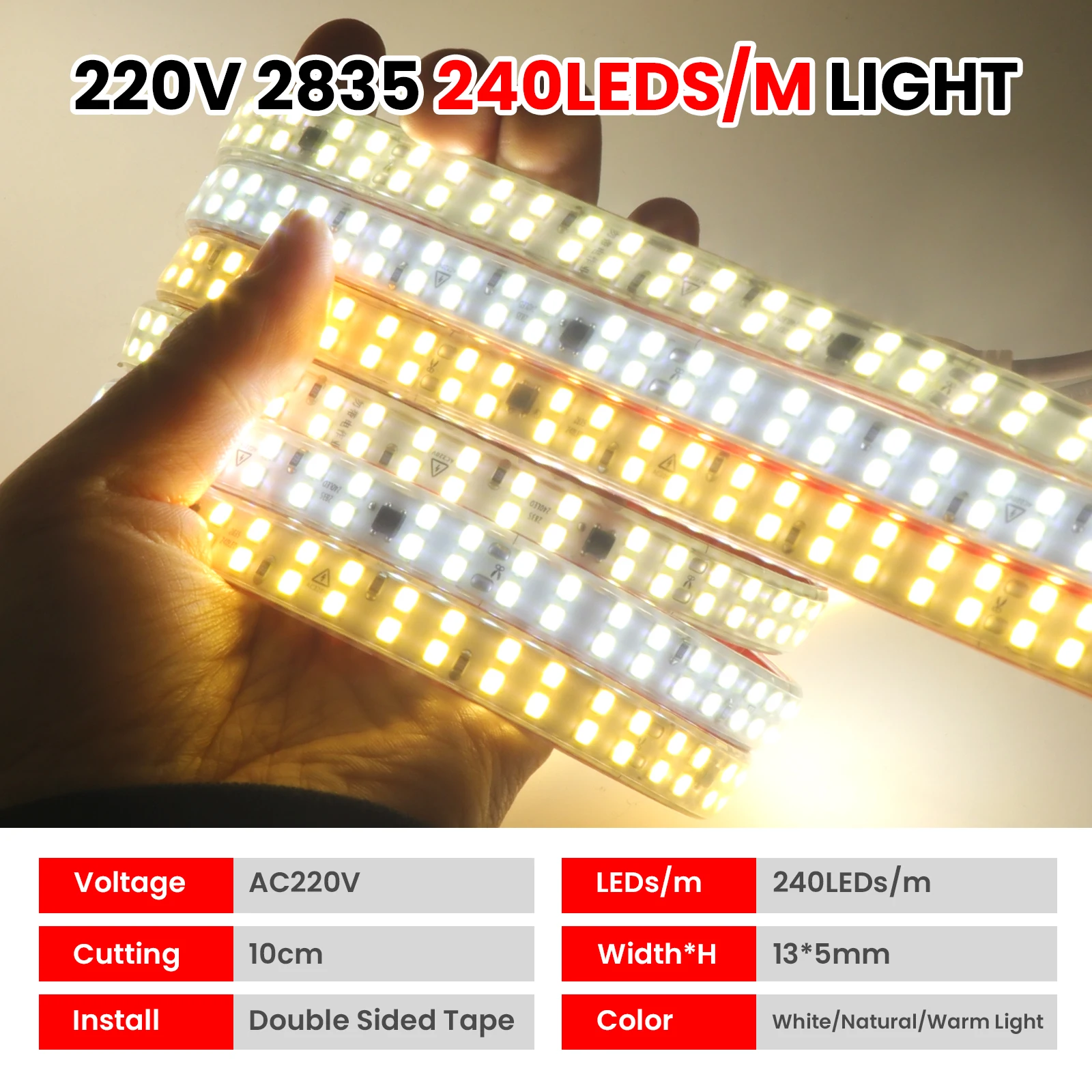 220V Adhesive LED Strip with Switch and Plug Super Bright 240LEDs/m Waterproof Flexible Tape Kitchen Under Cabinet LED Light